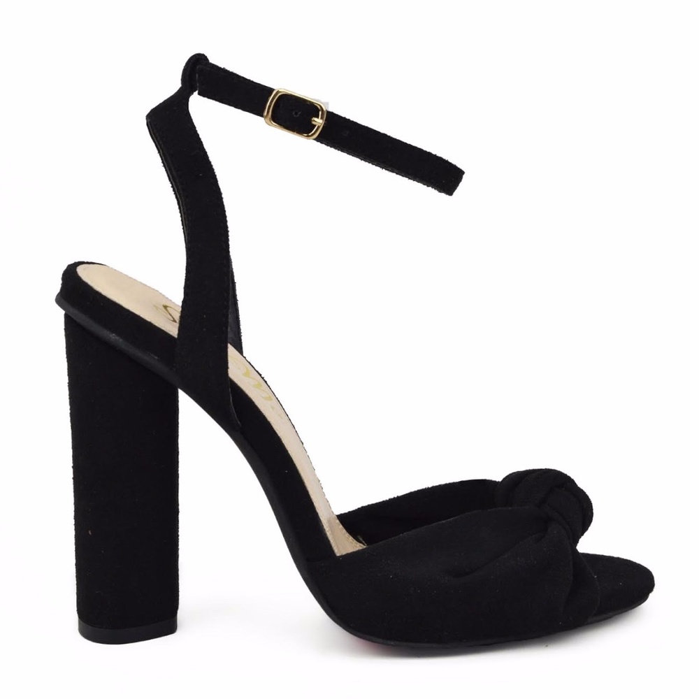 Black Suede Ankle-Strap Block Heel Sandal